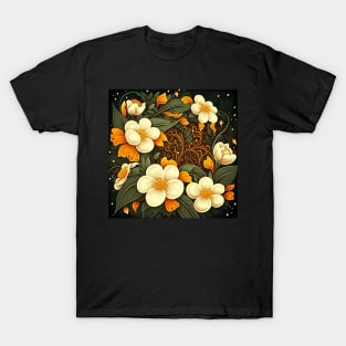 Vintage looking flowers in cream and orange with green leaves. T-Shirt